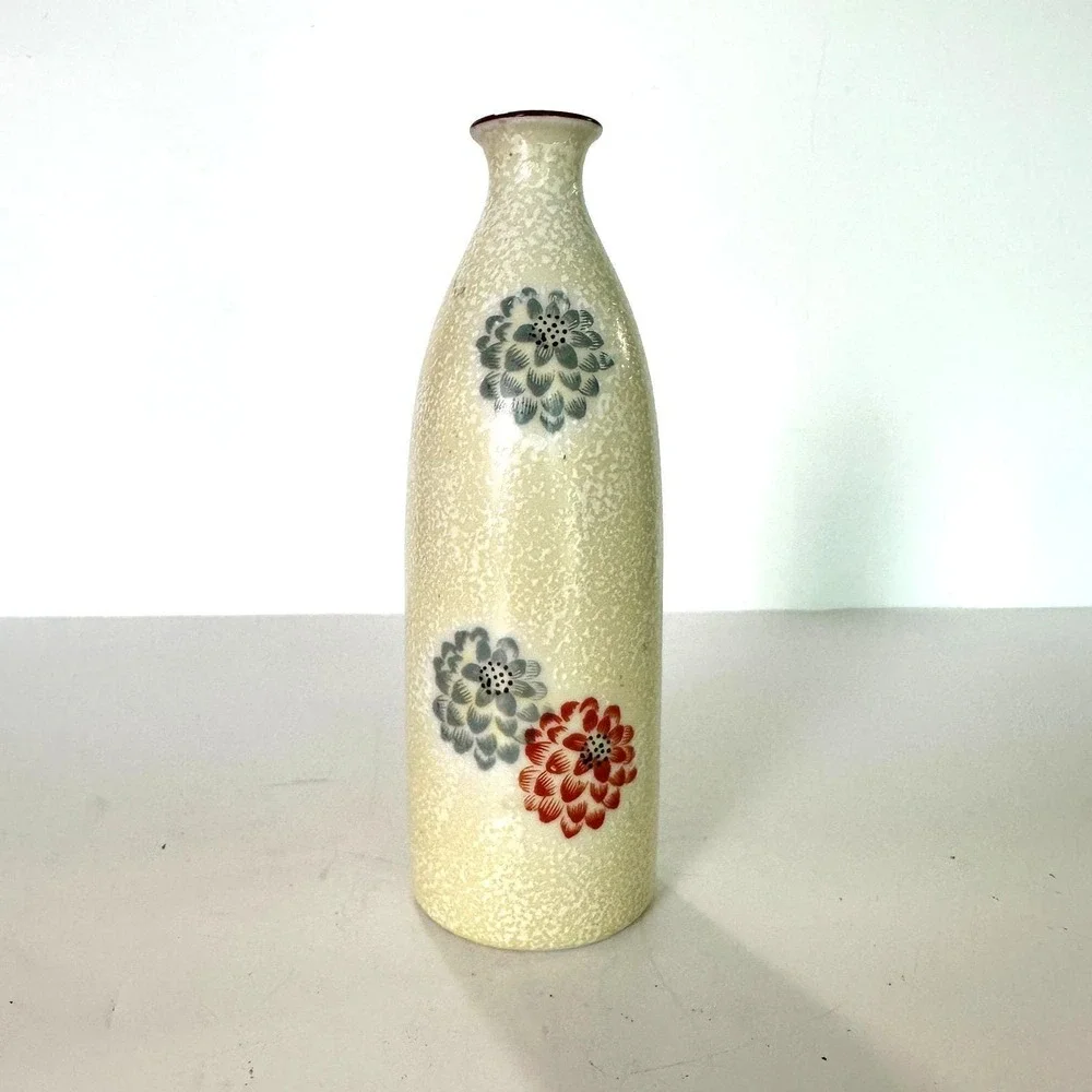 Vintage Japanese Bud Vase Cream Speckled Floral Ceramic‎ Vase 7 Inch